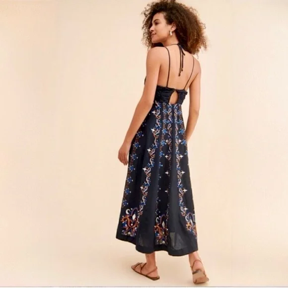 ANTHROPOLOGIE EMBROIDERED HALTER MIDI DRESS NAVY COMBO NEW SIZE 12 - Picture 9 of 9